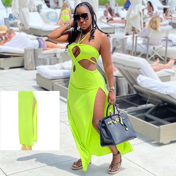 

casual dresses skmy hanging neck summer solid color hollow irregular split long dress female v-neck beach wear evening party, Black;gray