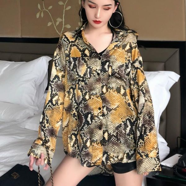 

women's blouses & shirts 2021 spring loose snake skin print long sleeve women casual leopard lady, White