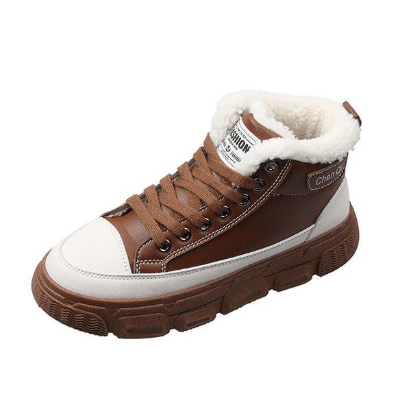 

boots 2021 winter fashion flat for women lace-up plus velvet keep warm shoes female round toe mid bottom ankle booties woman, Black