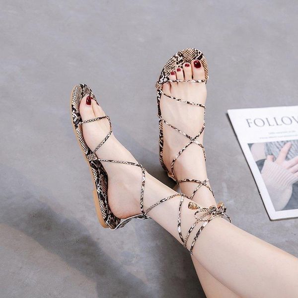 

sandals women snake pattern flat cross-strap beach shoes, Black