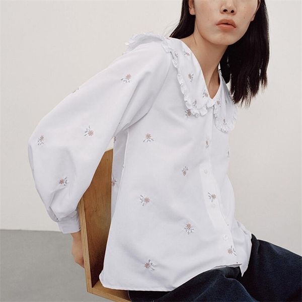 

summer women's casual solid color doll collar long-sleeved flower embroidery single-breasted shirt 210430, White