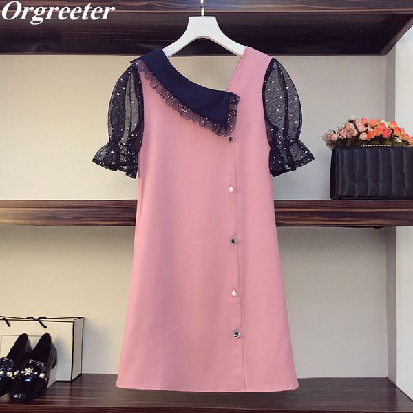 

chic design delicate crystal button mesh patchwork dress women summer sequined puff sleeve asymmetrical collar short 210525, Black;gray