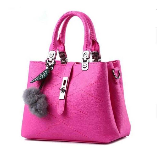

classic flower hbp embroidery messenger bags women leather handbags sac a main ladies hair ball hand bag lady tote fuchsia color