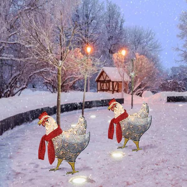 Weihnachtsdekorationen, leuchtendes Huhn mit Schal, Urlaubsdekoration, LED, flache 3D-Außenleuchten, Statue, Garten, Hof, Ornament # T2G