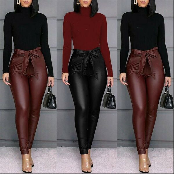 

fashion women capris faux leather thin black pu leggings calzas mujer stretchy casual pencil pants elastic legging trousers, Black;white