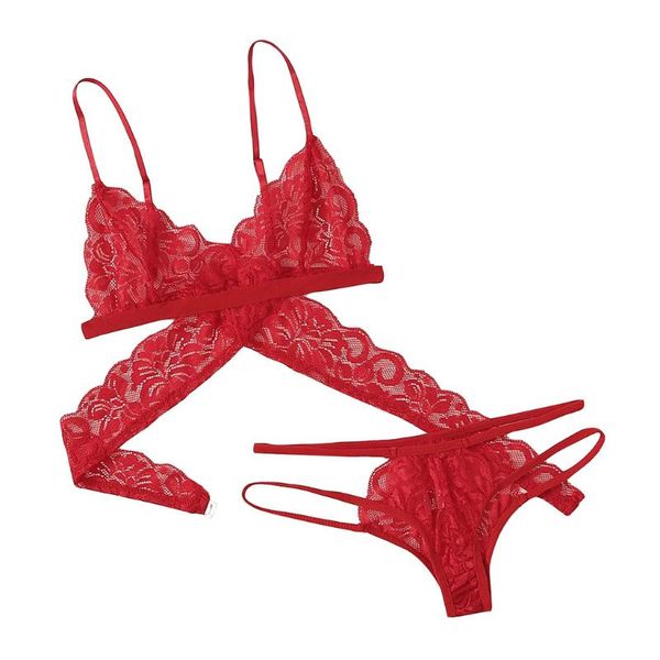 

bras sets 2pcs lingerie lace bra+g-string mesh patchwork underwear women sleeveless halter crop thong, Red;black
