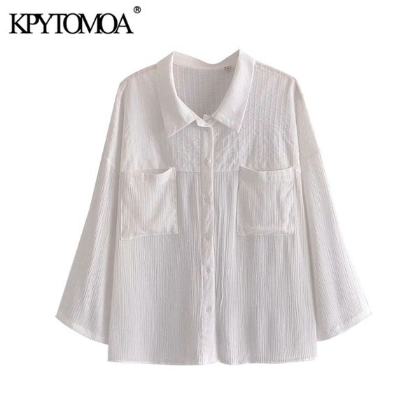 

women fashion with pockets loose blouses vintage long turn-up sleeves button-up female shirts blusas chic 210421, White