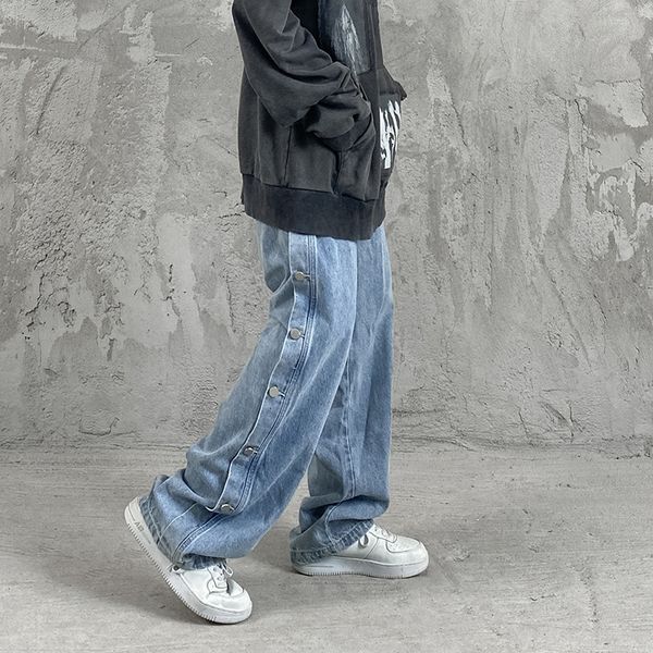 

jeans high street hip hop hiphop heavy industry breasted straight men's autumn loose wide leg versatile casual pants, Blue