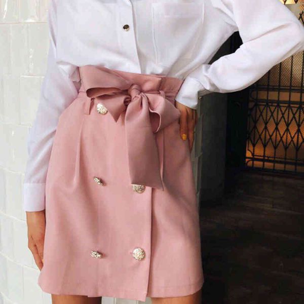 

high waist skirt women autumn summer elegant pockets solid skirts ladies casual button belted mini a-line skirt 210412, Black