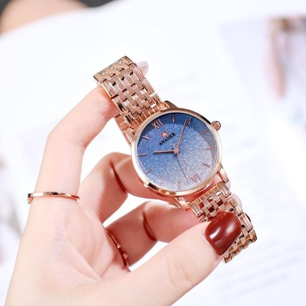 

wristwatches ananke est women quartz watch bracelet clasp sequines starry sky gradient dial steel strap ladies luxury wristwatch an30, Slivery;brown