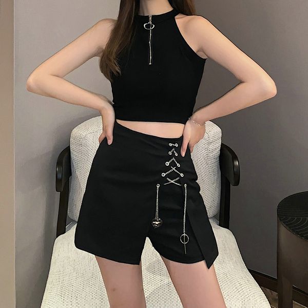 

dress summer streetwear hip fashion women black slim gothic punk high waist chain cross bandage shorts, White