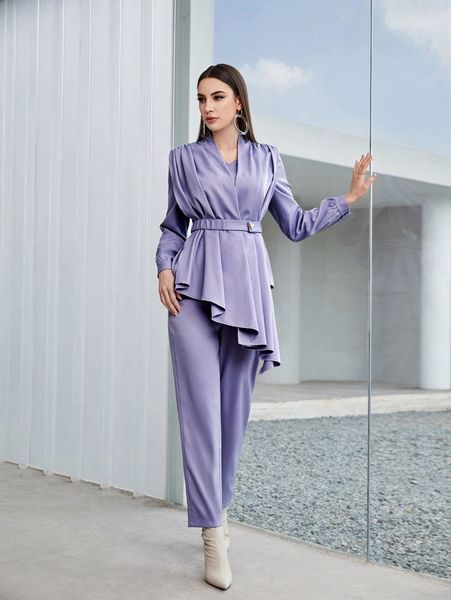 

ruched asymmetrical hem belted & pants w6ec#, White