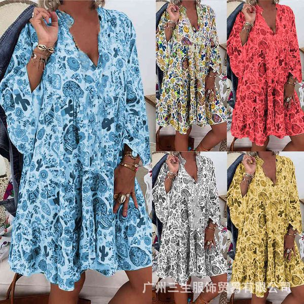 

2021ins summer women's large loose v-neck printed bohemian dress, Black;gray