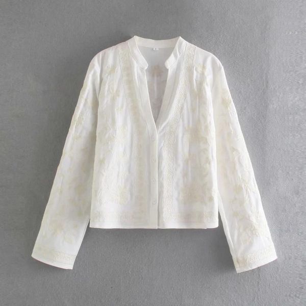 

women's blouses & shirts slmd stylish chic floral embroidery buttons cropped blouse women 2021 fashion long sleeve short female casual, White