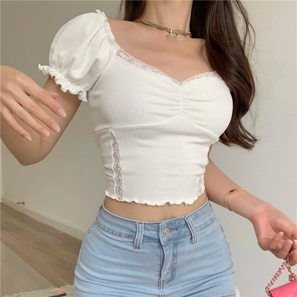 

women's t-shirt short trim white short-sleeved t-shirts lace bubble sleeve female 2021 summer solid color tees streetwear