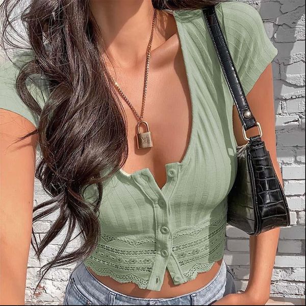 

solid color womens round neck tight leisure t shirt hollow lace hem cardigan streetwear summer, White