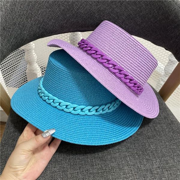 

wide brim hats fashion color paper acrylic chain fedoras cap men women leisure panama jazz hat staw big brimmed beach, Blue;gray