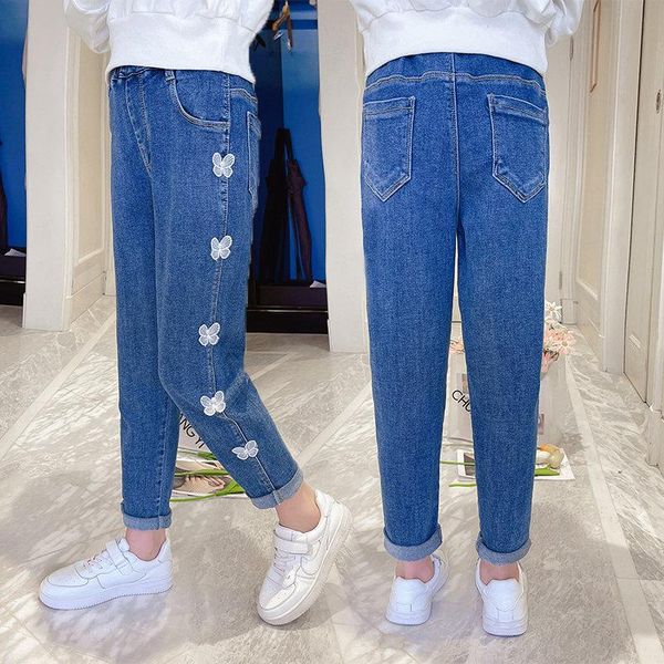 

jeans soft comfort denim pants for girls side butterfly teenage casual kids elastic waist trousers 5 6 8 10 12 14yrs, Blue