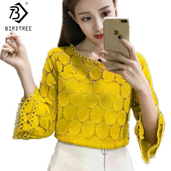 

hollow out lace blouses shirts new autumn korean women clothing flare sleeves o-neck slim female apricot white t7o009a 210419