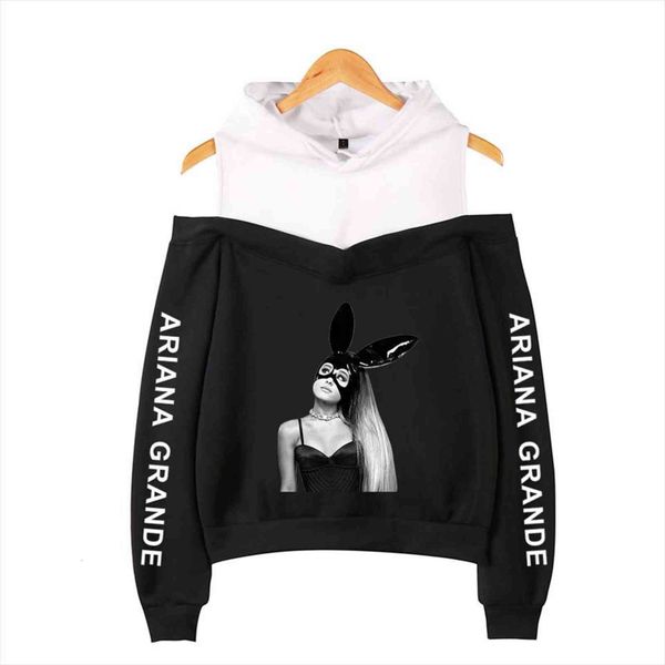 

ariana grande womens hoodie printed off shoulder long sleeve girls sweatshirt casual hip hop streetwear clothes, Black