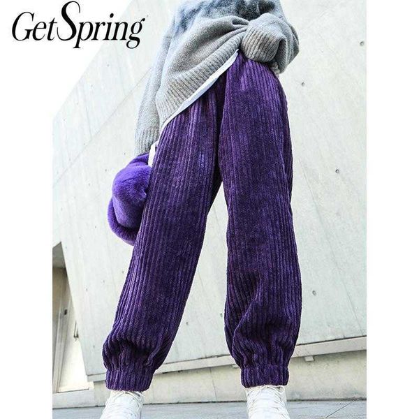 

getspring women pants capris black purple corduroy elastic waisted thickened womens cargo loose long woman trousers 210601, Black;white