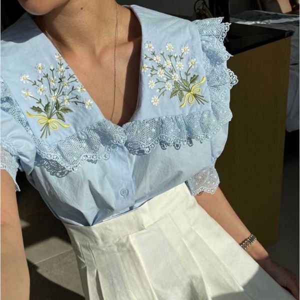 

summer elegant sweet femme embroidery retro loose vintage blouses chic short sleeve shirts 210531, White