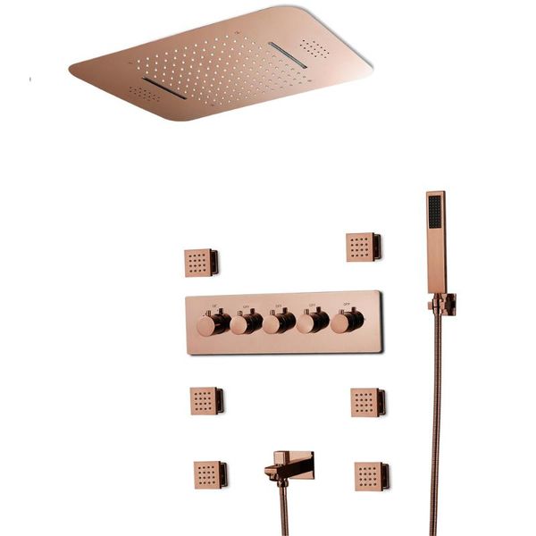

luxury rose golden color led shower systems ceiling music bluetooth heads rainfall brass thermostatic mixer bathroom sets