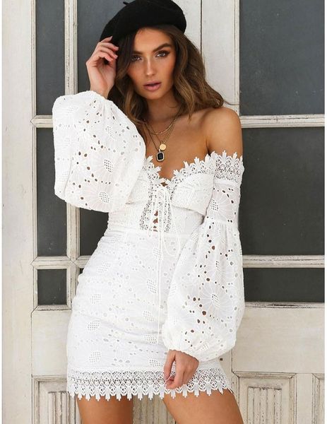

white off shoulder women long sleeve ruffled summer party club chic lace embroidery floral mini, Black;gray