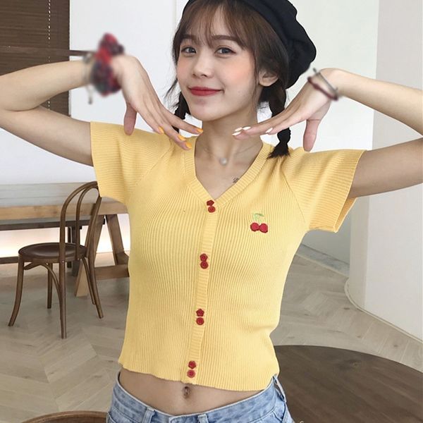 

women's t-shirt t shirt women fashion v-neck embroidery short female t-shirt crop korean knitted tshirt sleeved camisetas, White