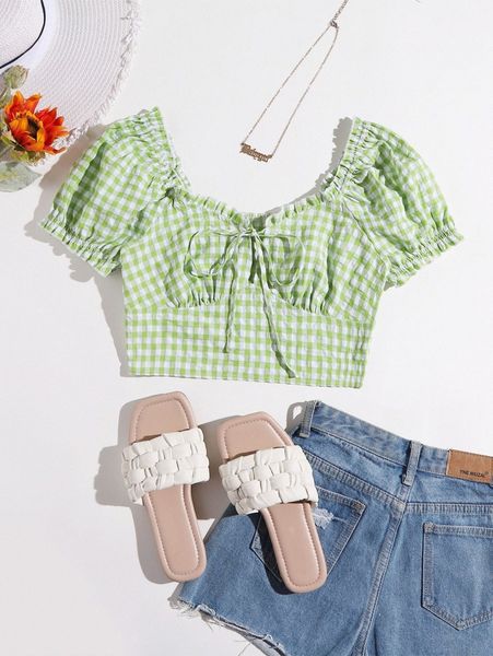 

frill trim gingham bustier z75j#, White