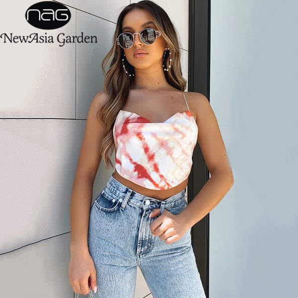 

newasia print y2k tank satin tie up spaghetti strap cami lady beach club wear fashion backless crop women new 210413, White