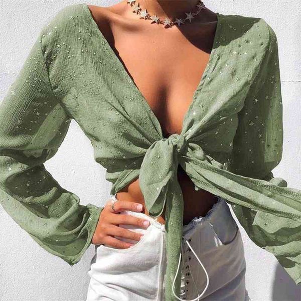 

gold stamping deep womens blouses v neck chest bandage see through loose, White