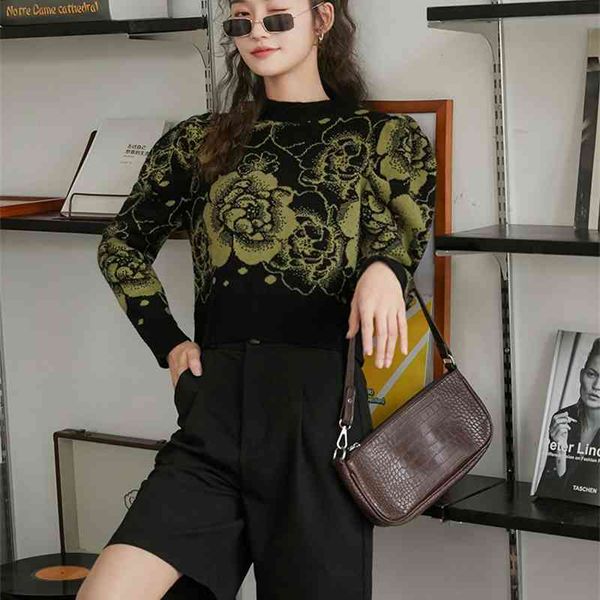 

women's knits & tees puff sleeve cropped sweater women black floral print pullover knitted ladies jumpers winter korean fashion cl, White