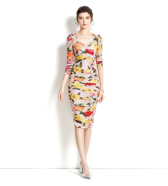 

spring new women mesh printing dresses sliming vintage dress square neck long sleeve pleated bottom runway wear vestidos, Black
