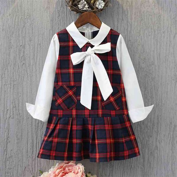 Весна осень девочек платье корейского колледжа плед лук с длинным рукавом принцесса детские детские дети девушки одежда 210625
