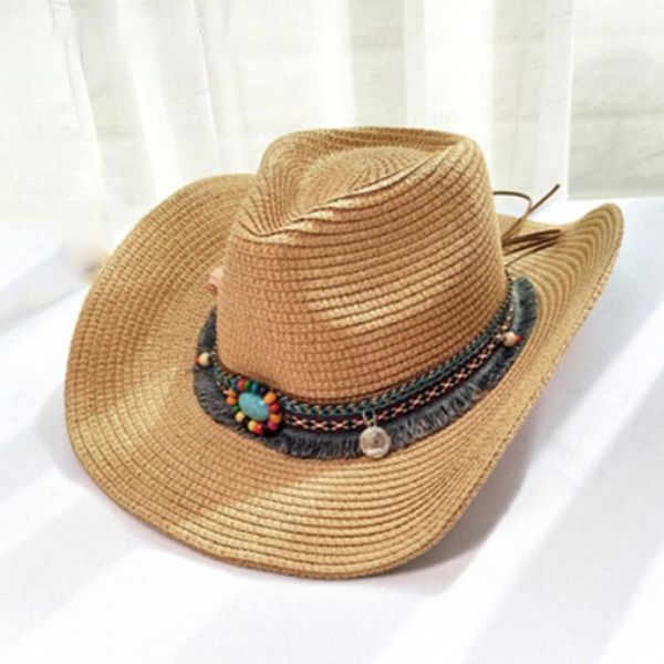 

wide brim hats straw hat for women men western cowboy lady trendy woven sun beach cap shell tassels cowgirl summer, Blue;gray
