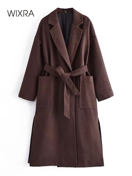 

women's wool & blends wixra women long overcoat with sashes solid notched open stitch office lady autumn winter outerwear, Black