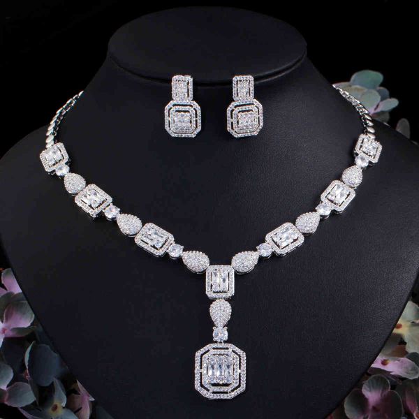

bridal jewelry luxury square zircon necklace earrings dinner dress set chain, Black