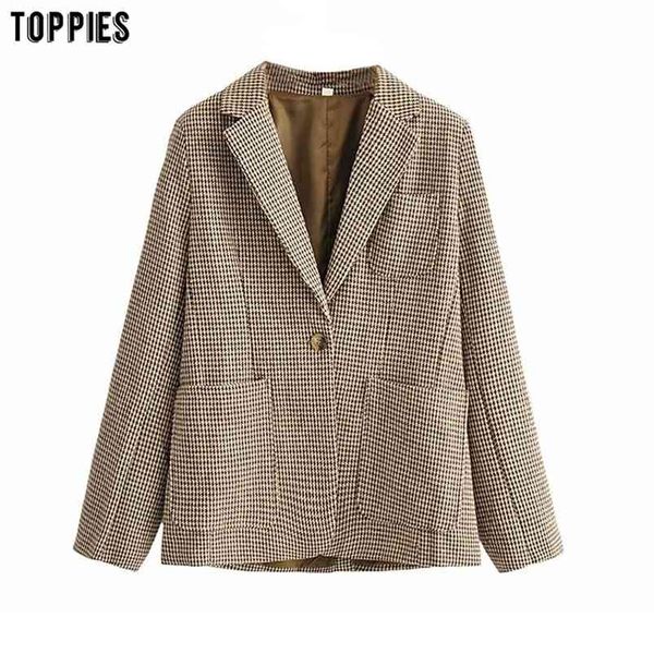 

women houndstooth blazer jacket single button suit office lady 210421, White;black