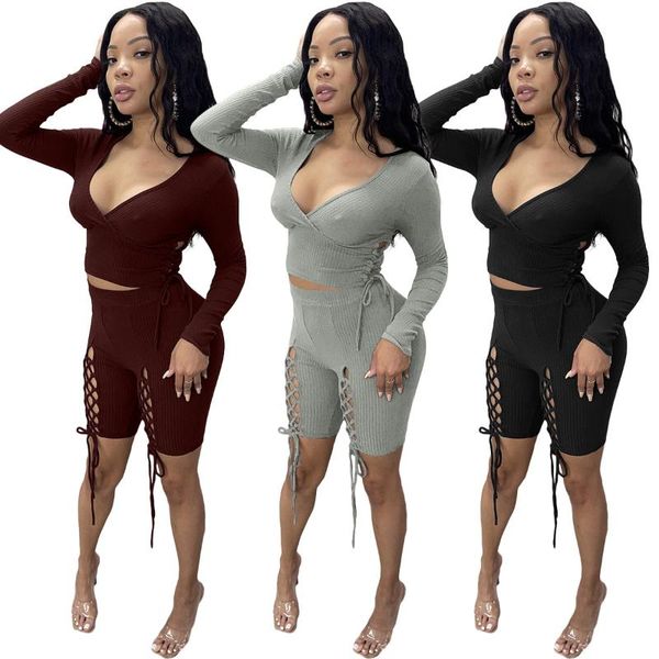 

women's tracksuits ins test women shorts 2021 solid long sleeves deep v-neck hollow out bandage short pants 2pcs outfits autumn, Gray