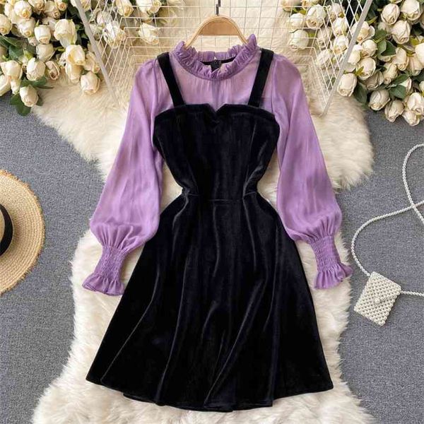 

style french retro vestidos female wooden ear round neck puff sleeve slim stitching fake two-piece dress c355 210507, Black;gray