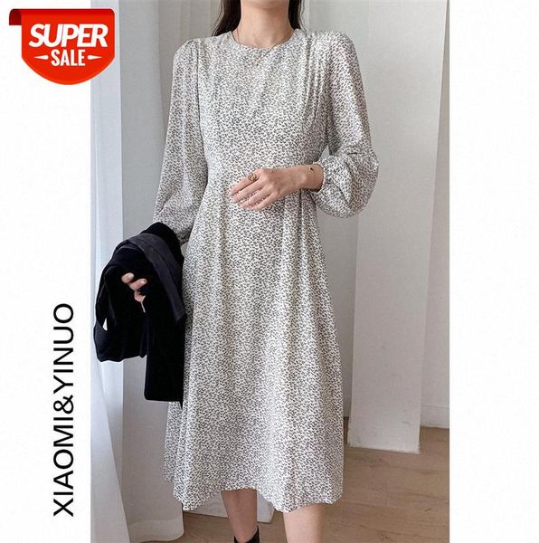 

[ou fan] 7492 floral dress women's years long sleeve korean high waist mid-length #co54, Black;gray