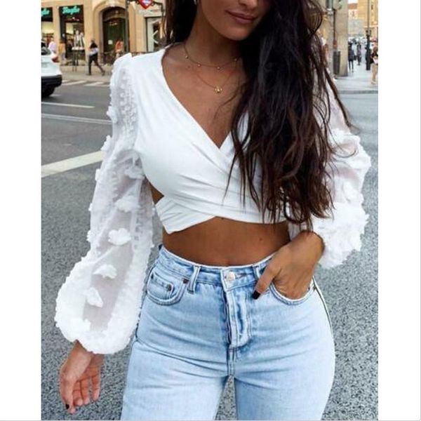 

womens blouse bandage lace ruffle long sleeve up short shirt casual backless cami solid crop women's blouses & shirts, White