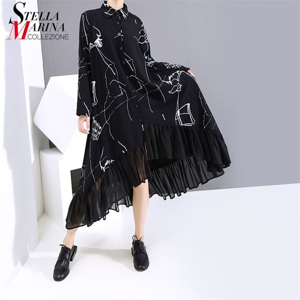

new woman plus size autumn long sleeve black vintage shirt dress printed chiffon ruffles lady casual dress robe loose style 6505 210329, Black;gray