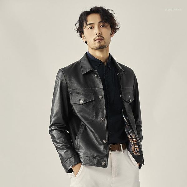 

men's leather jacket 2021 autumn korean style slim lapel short trend coat handsome & faux, Black