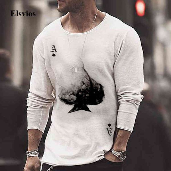 

men's t-shirts 2021 casual poker printed sweat spring long sleeve pullover autumn male o-neck loose tee shirt streetwear 16g4, White;black