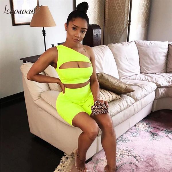 

women's tracksuits neon two 2 piece set women hollow out one shoulder fashion crop skinny short streetwear chic lady outfits, Gray
