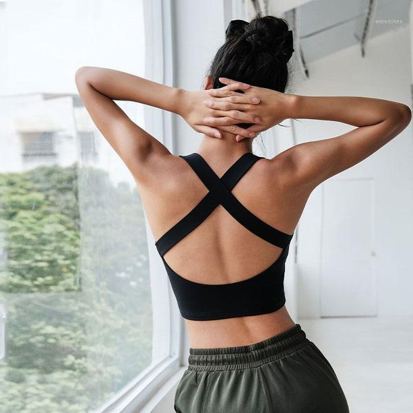 

yoga outfit summer naked-feel running gym sport bras women widen straps back cross hollow out workout athletic vest tanks