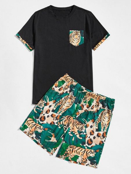 

men pocket tee & tiger & leaf print shorts s8n2#, Gray