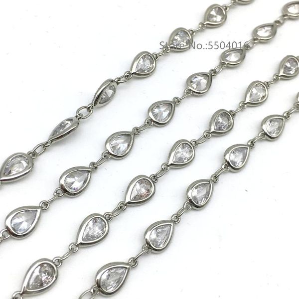 

5x8mm water drop white zircon connector rosary chains,faceted drops flat silver color chains,tear chokers bracelet necklace chains
